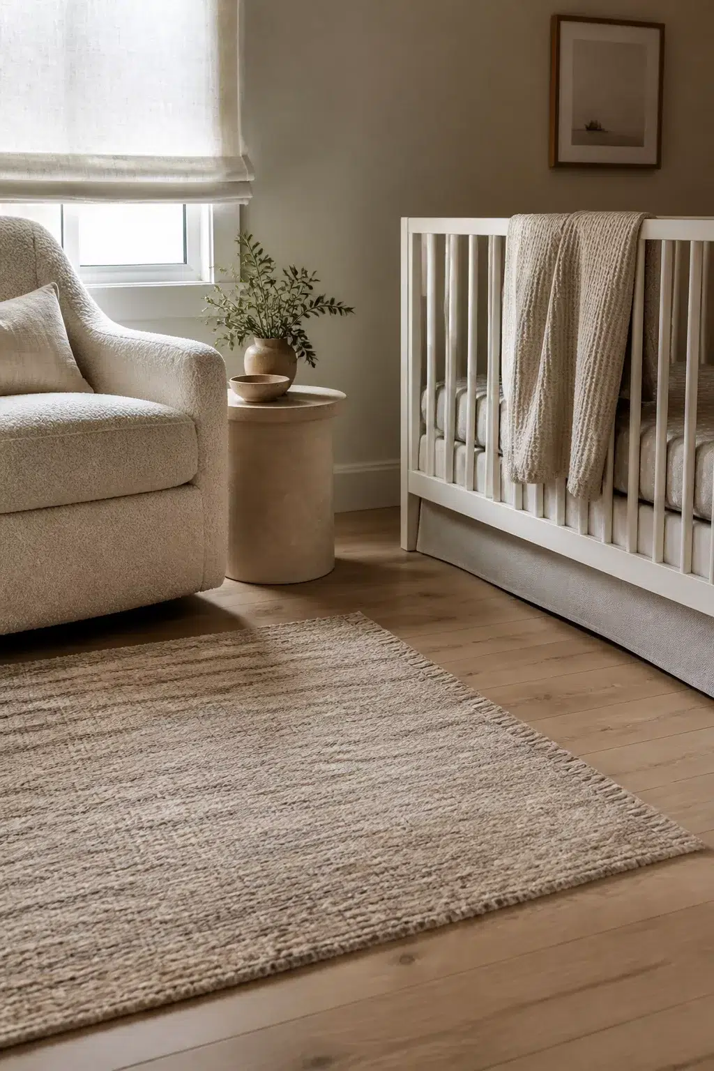 Gender neutral nursery ideas with cream boucle chair, white crib, stone side table, and woven rug in warm neutrals.