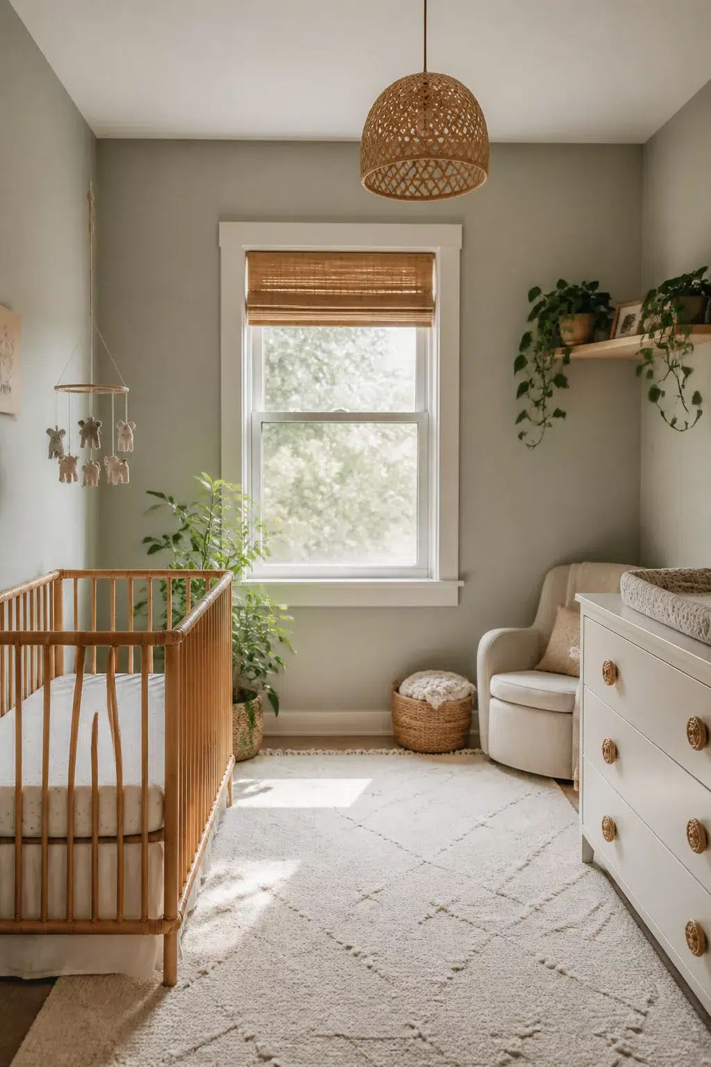 Gender neutral nursery ideas with sage green walls, rattan pendant light, wood crib, and cream woven rug.