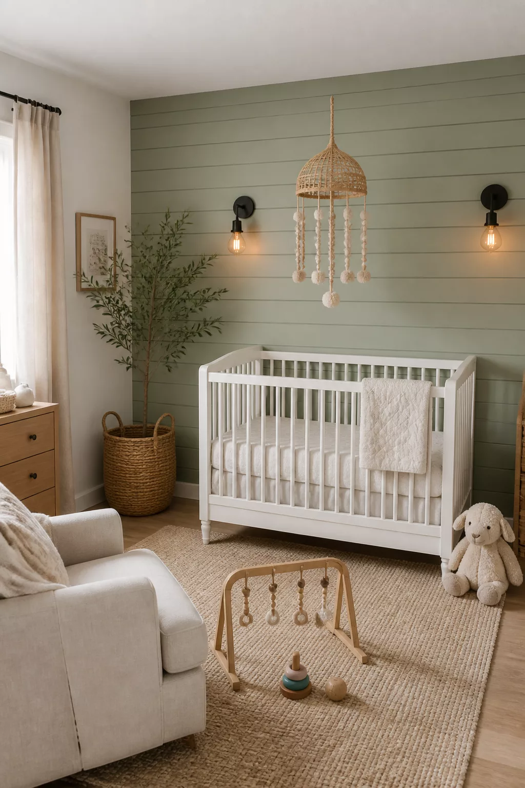 Gender neutral nursery with sage green shiplap wall, white crib, jute rug, and rattan mobile.