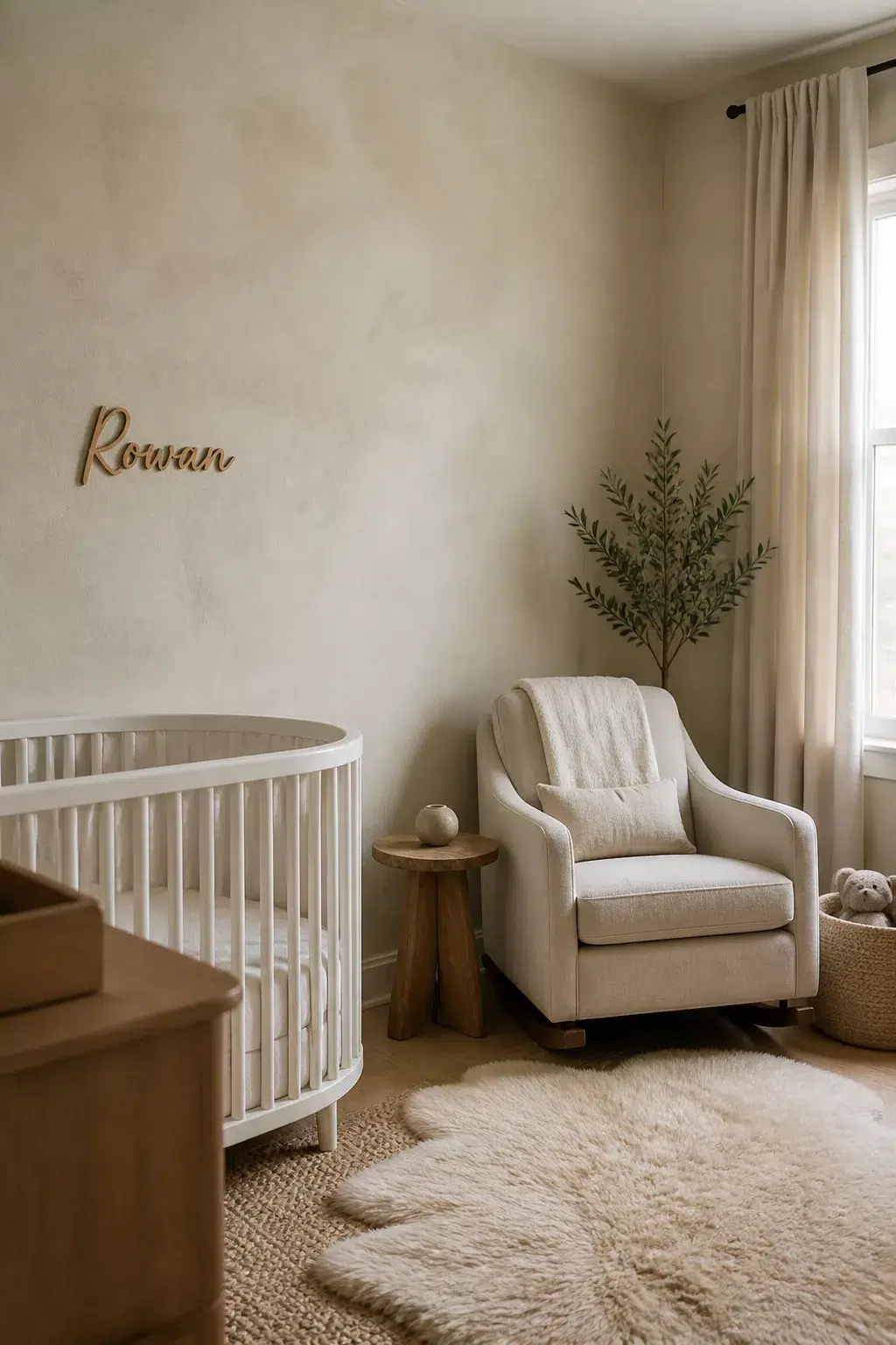 Cream limewash texture nursery with rounded white crib and linen glider — gender neutral nursery ideas