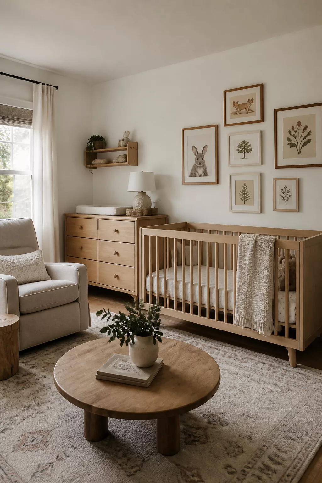 Gender neutral nursery with oak dresser, woodland gallery wall, round wood table, and linen glider in warm neutrals.