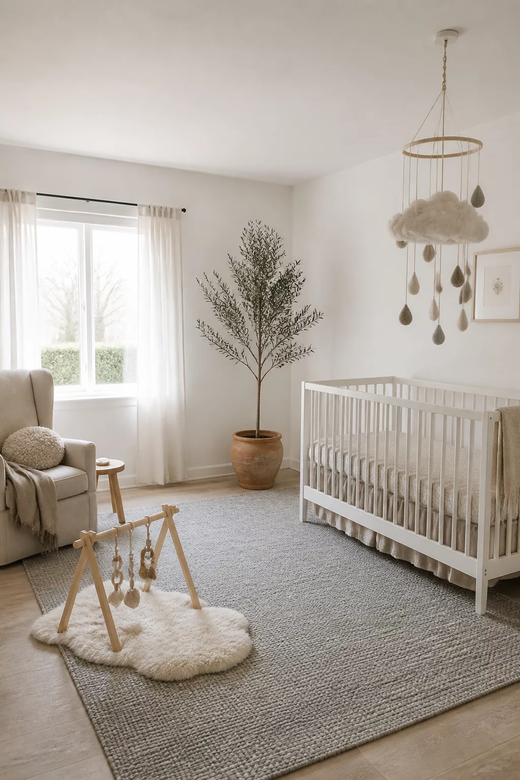 Gender neutral nursery with cloud mobile, white crib, wool felt raindrops, and soft neutral color palette.