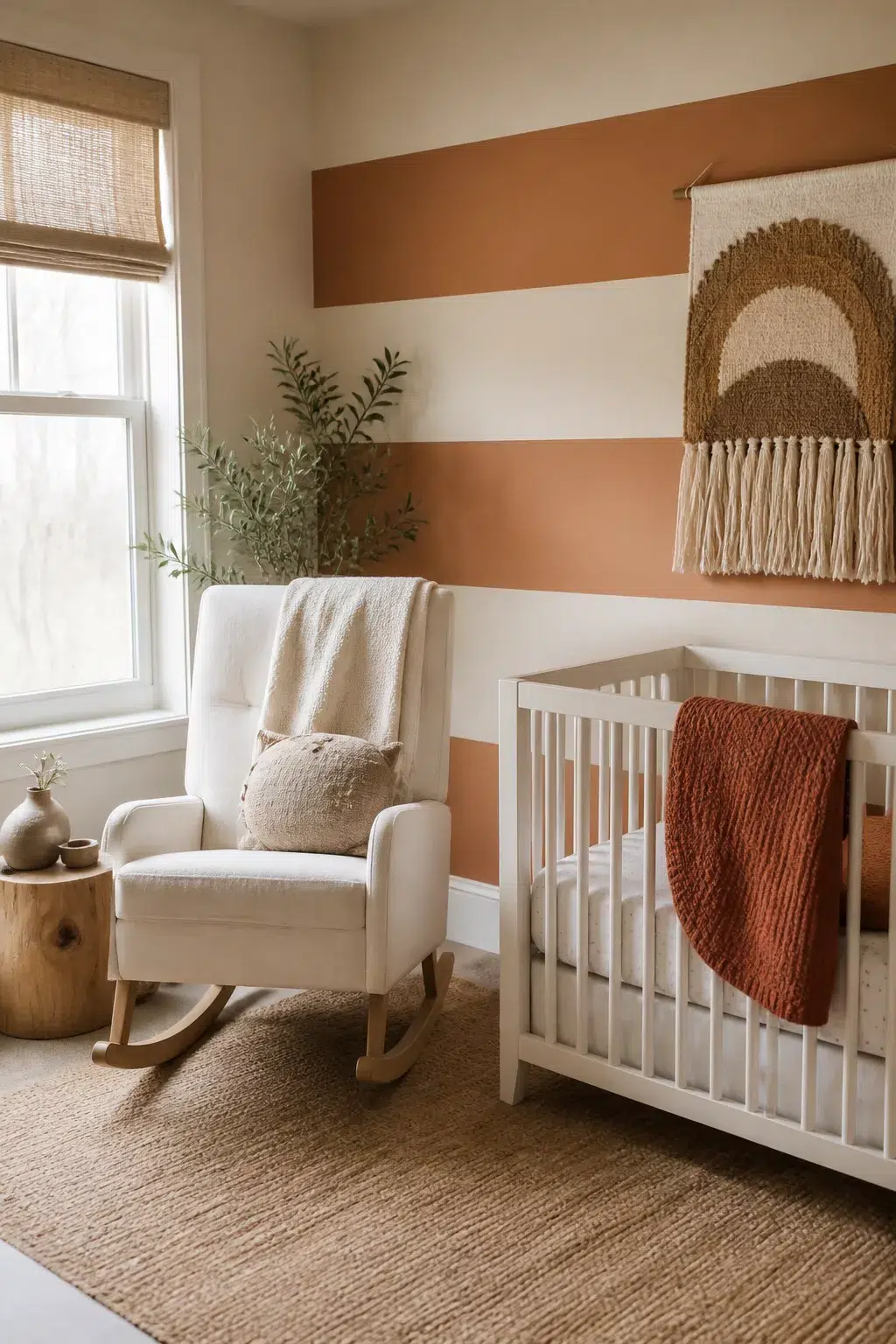 Rust and cream stripe nursery wall with woven rainbow wall hanging — gender neutral nursery ideas