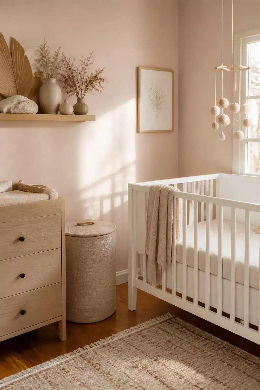 Gender neutral nursery ideas with warm nude walls, dried botanicals on a floating shelf, white crib, and oak dresser.