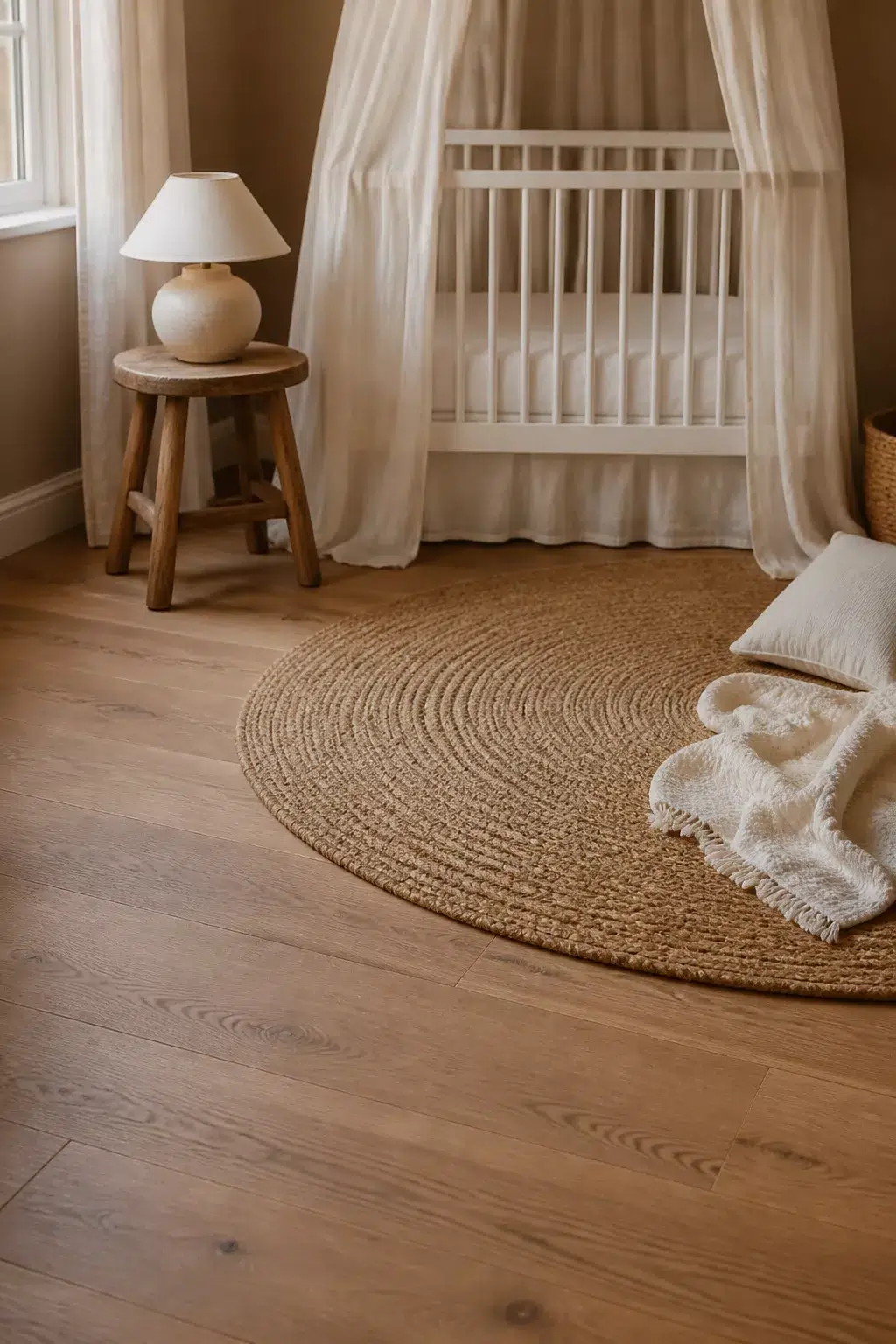 Gender neutral nursery with sheer white crib canopy, round jute rug, and warm oak floors — neutral earthy tones