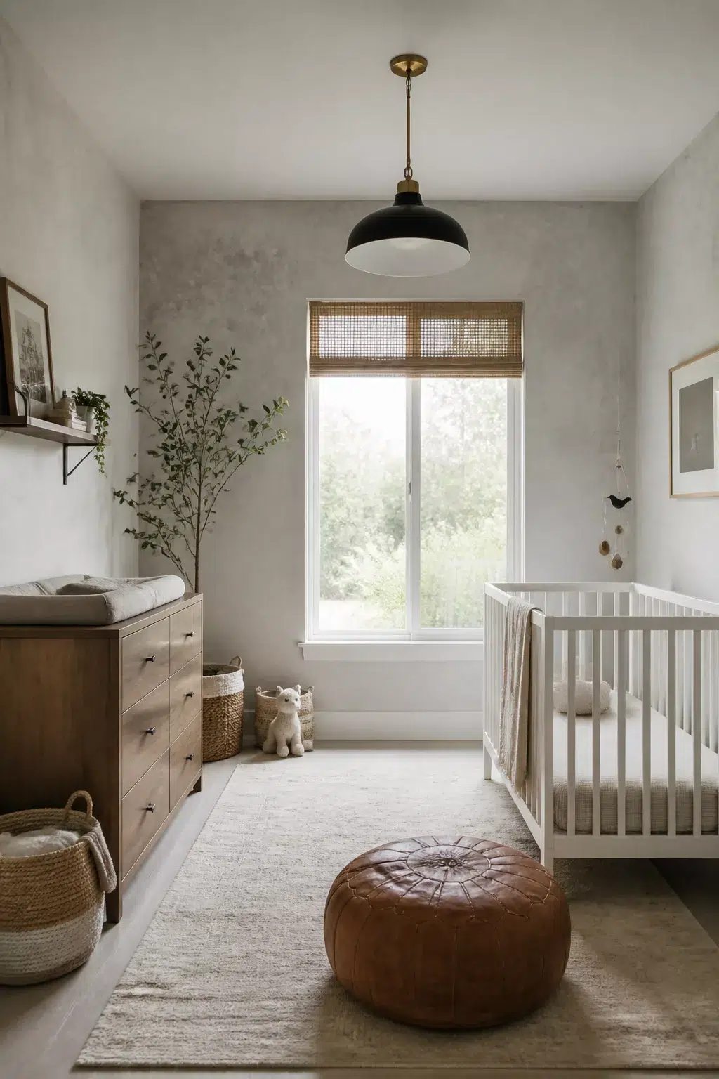 Gender neutral nursery with concrete plaster walls, leather pouf, white crib, and warm wood dresser