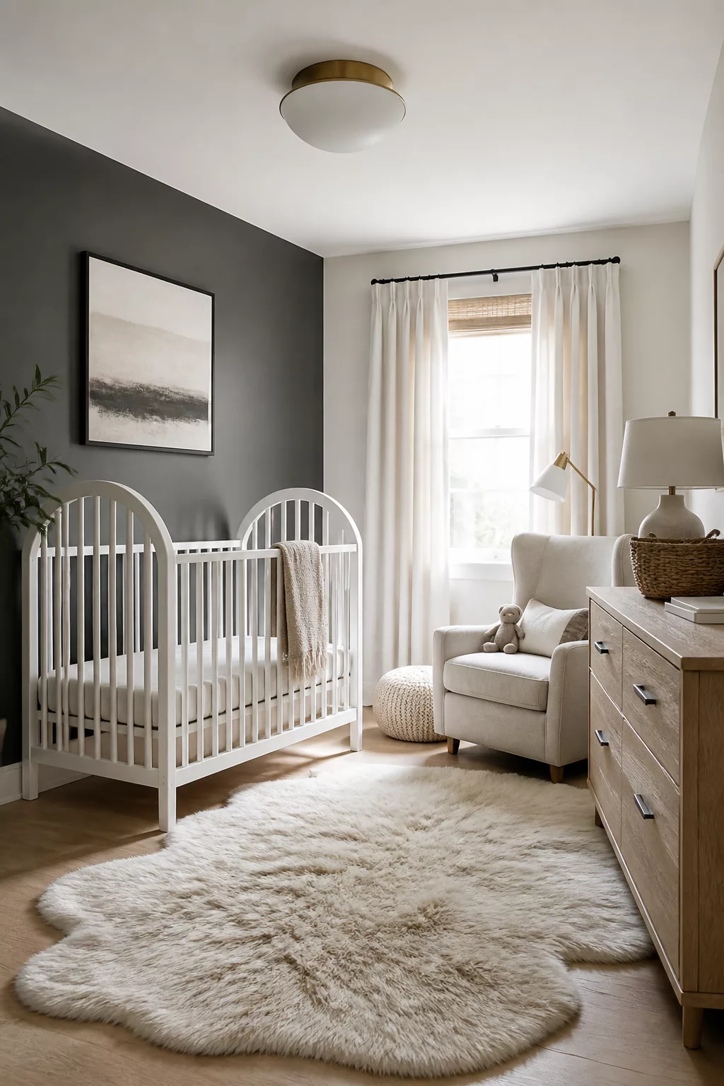 Gender neutral nursery with charcoal accent wall, white arched crib, cream rug, and natural wood dresser