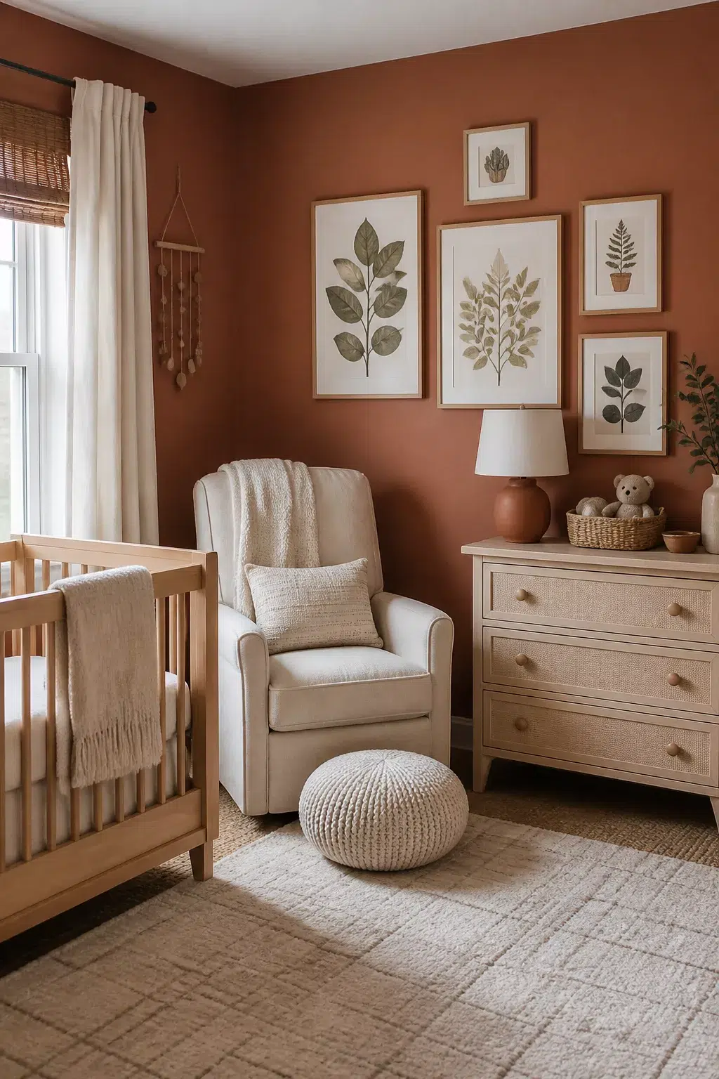 Terracotta walls with cream glider and botanical gallery wall — gender neutral nursery ideas with earthy tones