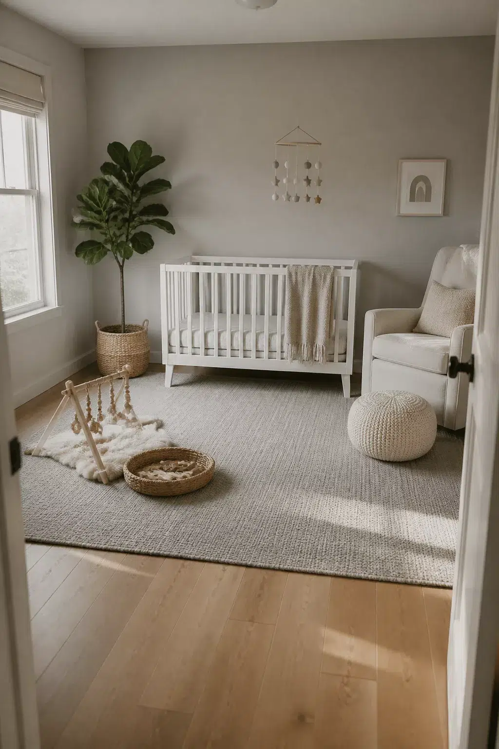 Gender neutral nursery ideas with warm gray walls, white crib, cream glider, and layered neutral textures.