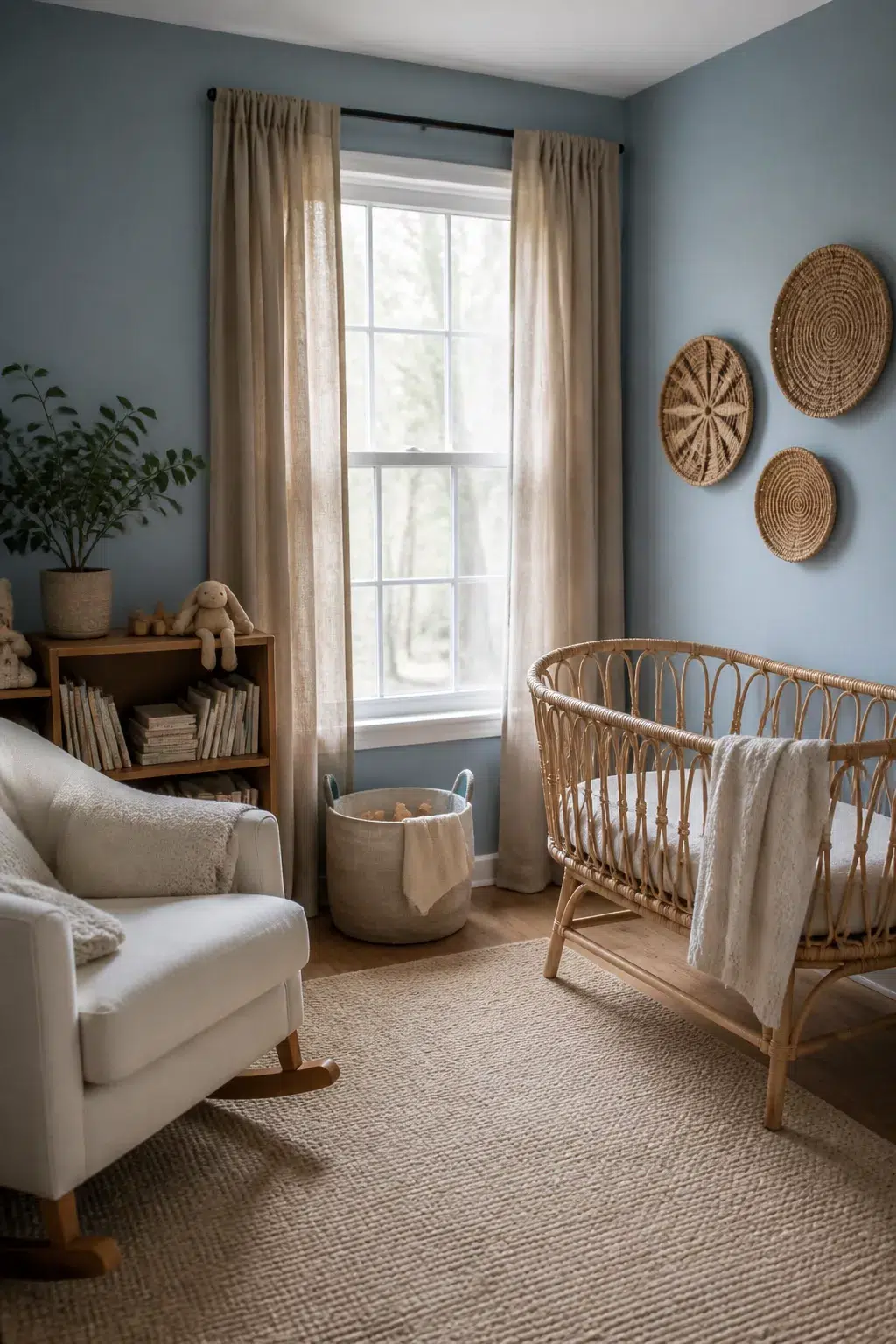 Gender neutral nursery ideas with dusty blue walls, rattan bassinet, linen curtains, and a jute rug in sand tones.