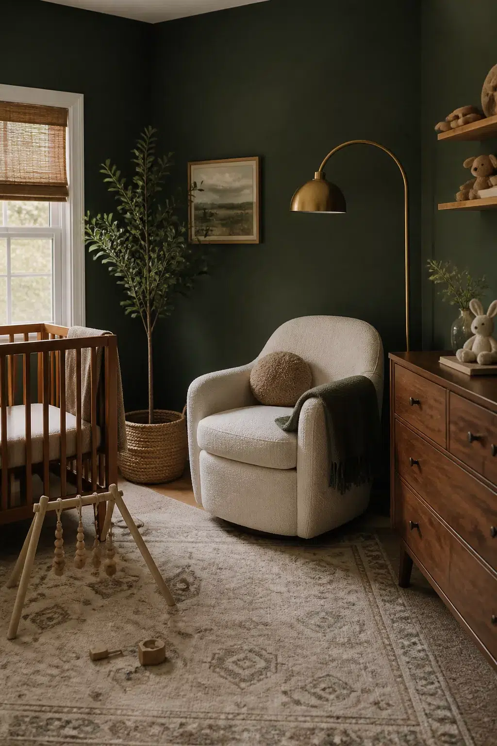 Moody forest green gender neutral nursery ideas with brass floor lamp, boucle glider, and walnut dresser