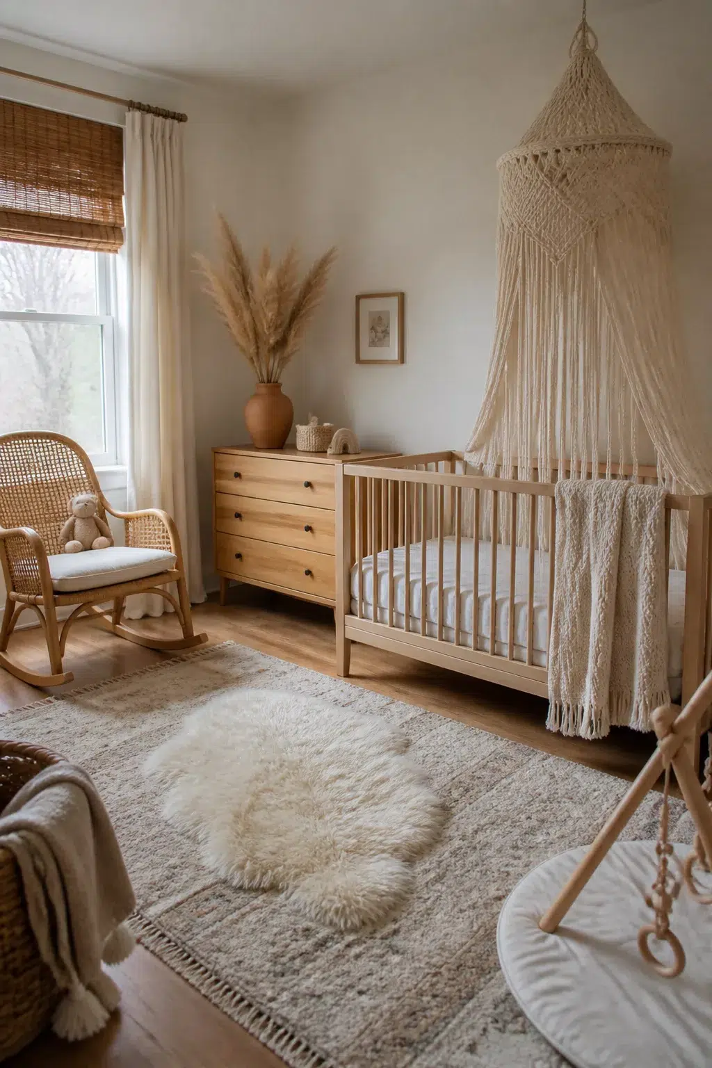 Gender neutral nursery with macramé canopy over wood crib, sheepskin rug, rattan rocker, and warm boho neutral tones