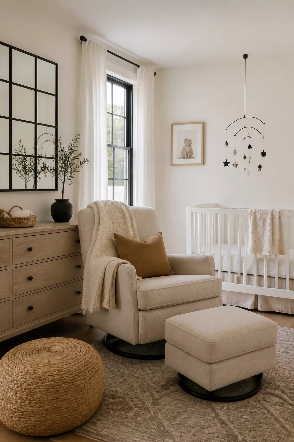 Gender neutral nursery ideas with cream glider, soft black window frames, star mobile, and oak dresser.