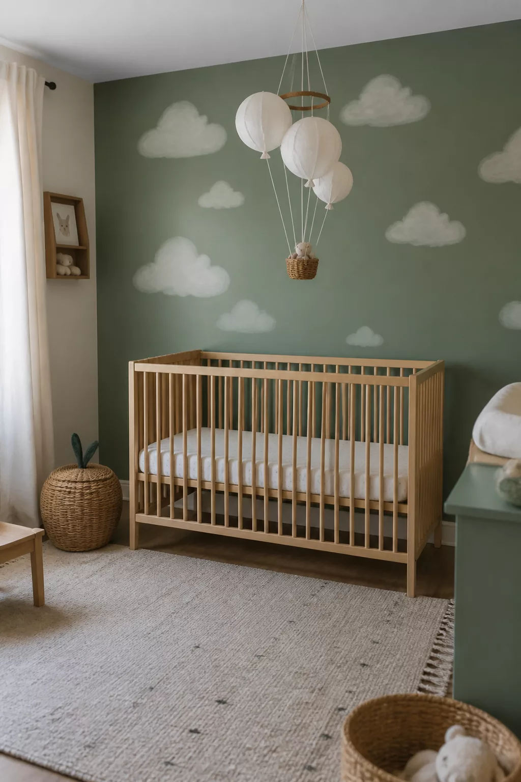 Eucalyptus green accent wall with hand-painted clouds in a nursery — Green Accent Walls For Nurseries idea