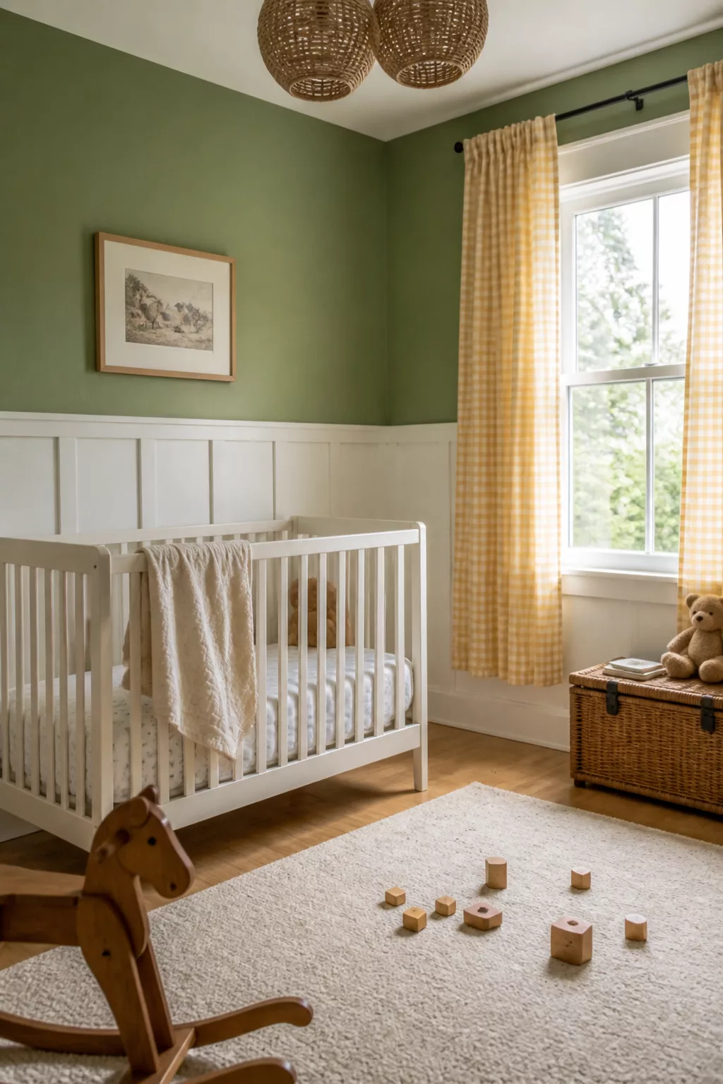 Pale green accent wall nursery with white wainscoting, gingham curtains, and rattan pendants — green accent walls for nurseries