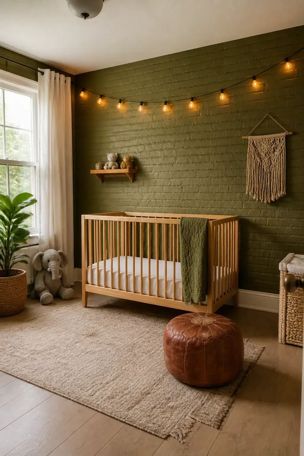 Olive green painted brick accent wall in a nursery with string lights, wood crib, and jute rug — green accent walls for nurseries
