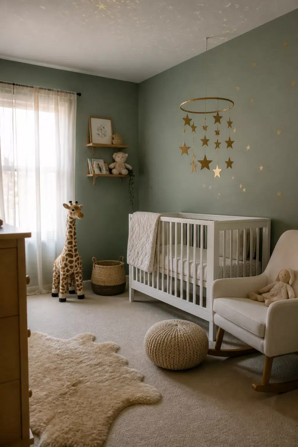Seafoam green accent wall nursery with gold star mobile above white crib — green accent walls for nurseries