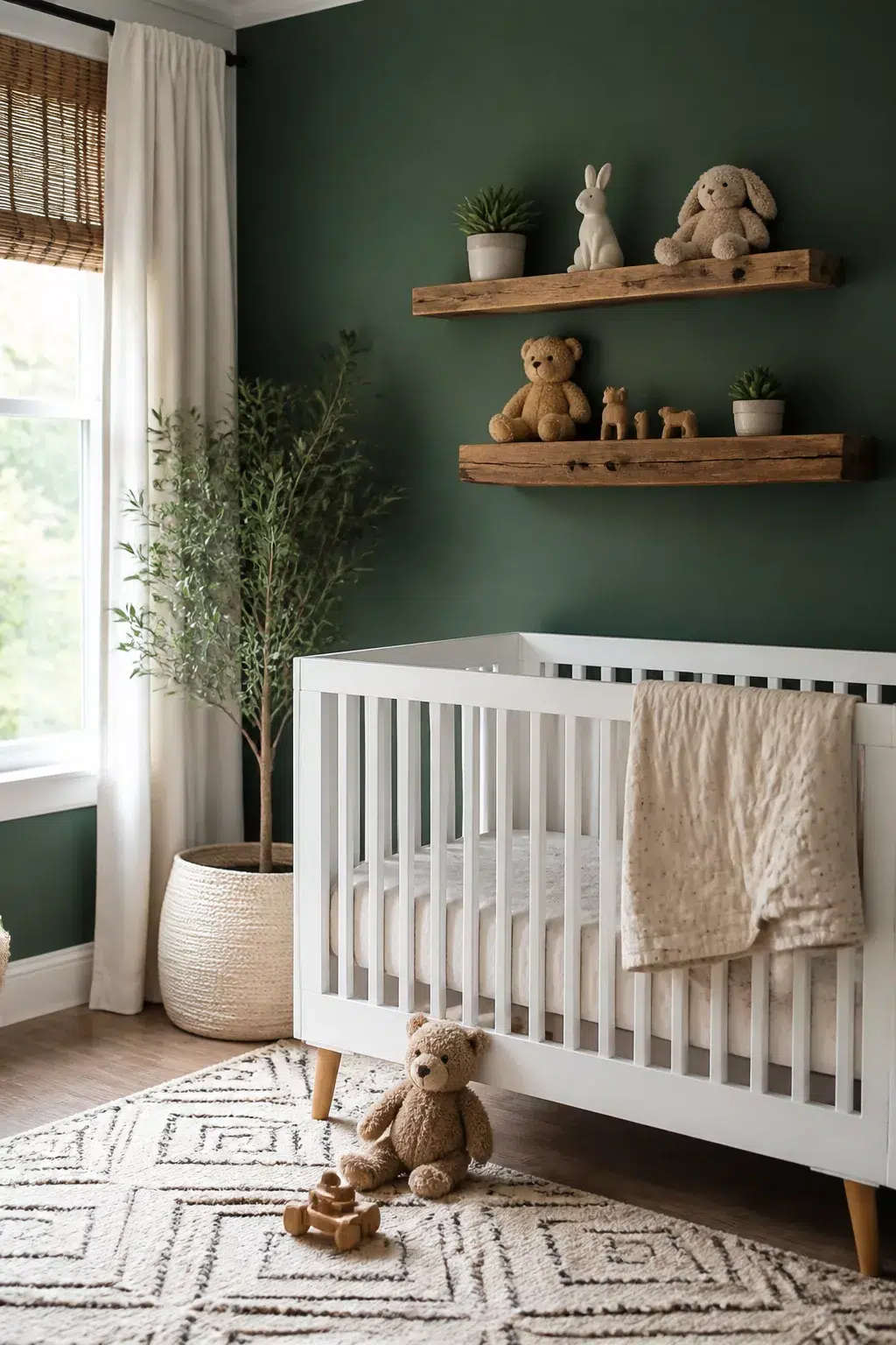 Forest green accent wall nursery with reclaimed wood floating shelves, white crib, and natural decor — green accent walls for nurseries