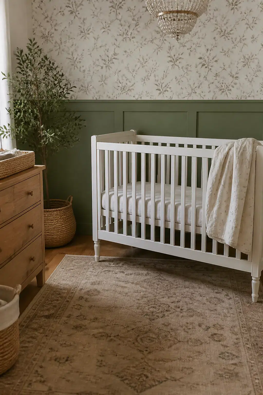Sage green board and batten accent wall with floral wallpaper above in a nursery — green accent walls for nurseries