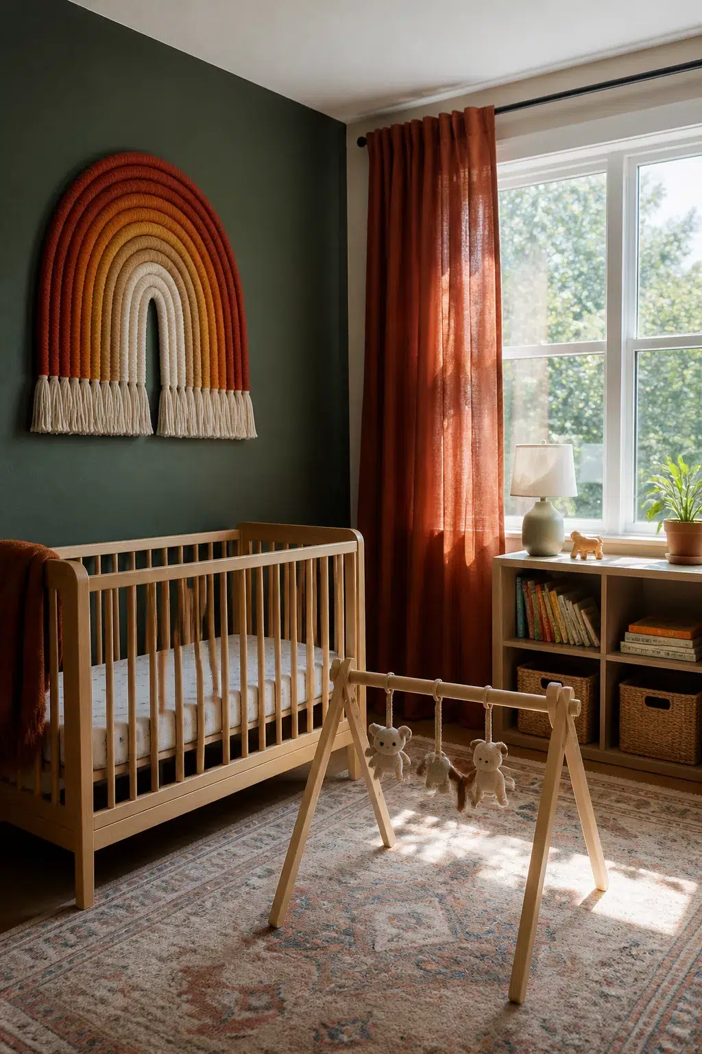 Deep olive green accent wall nursery with macramé rainbow art, wood crib, and rust curtains — green accent walls for nurseries