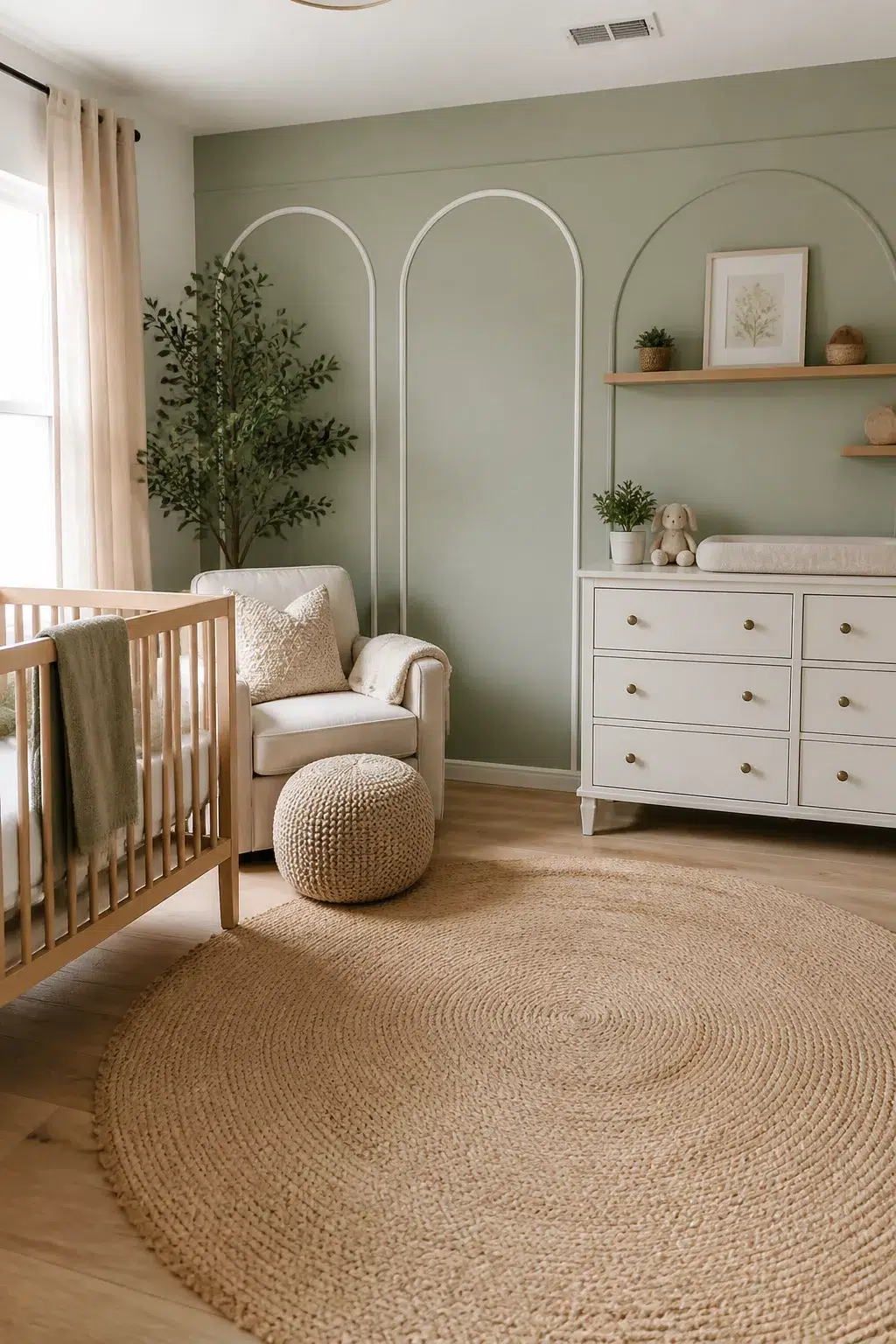 Sage green accent wall with painted arch moulding in a neutral nursery — green accent walls for nurseries idea.