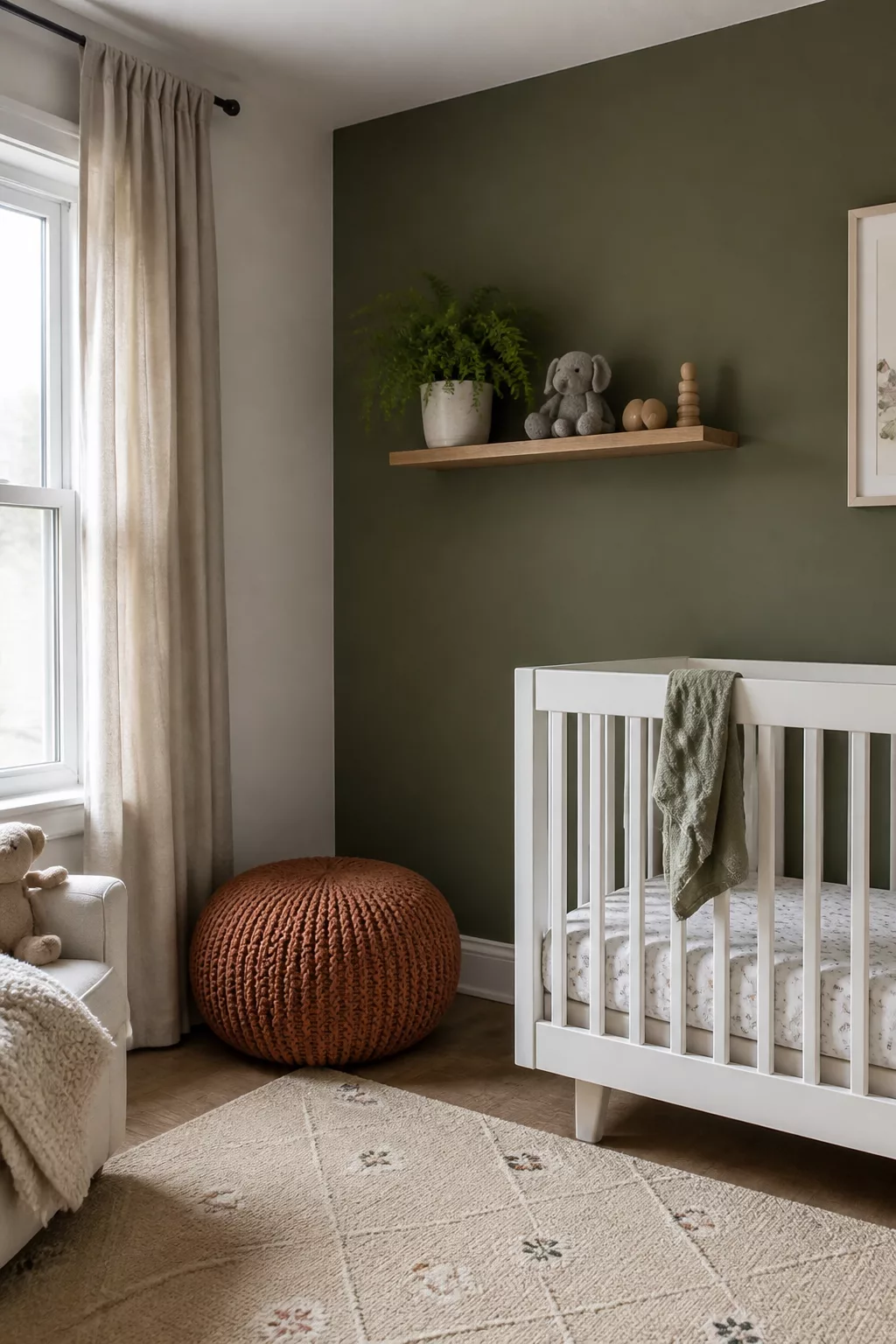 Olive green accent wall nursery with terracotta knit pouf, white crib, and wood shelf — green accent walls for nurseries