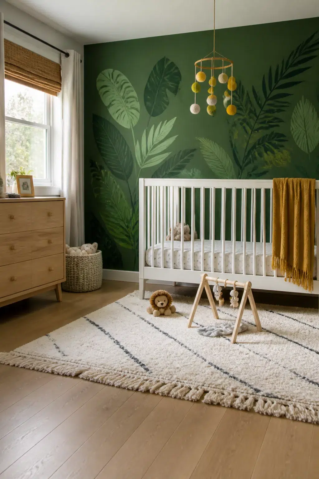 Bright botanical green accent wall nursery with jungle leaf mural, white crib, and pom-pom mobile.