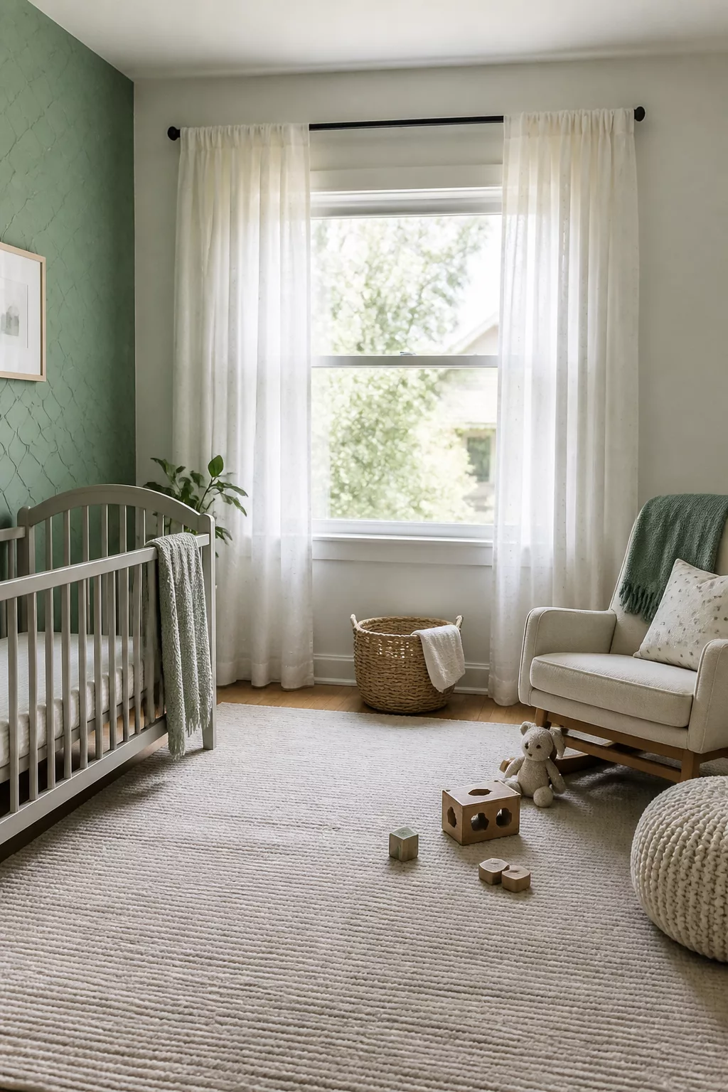Mint green accent wall with scalloped wallpaper texture in a soft neutral nursery — green accent walls for nurseries