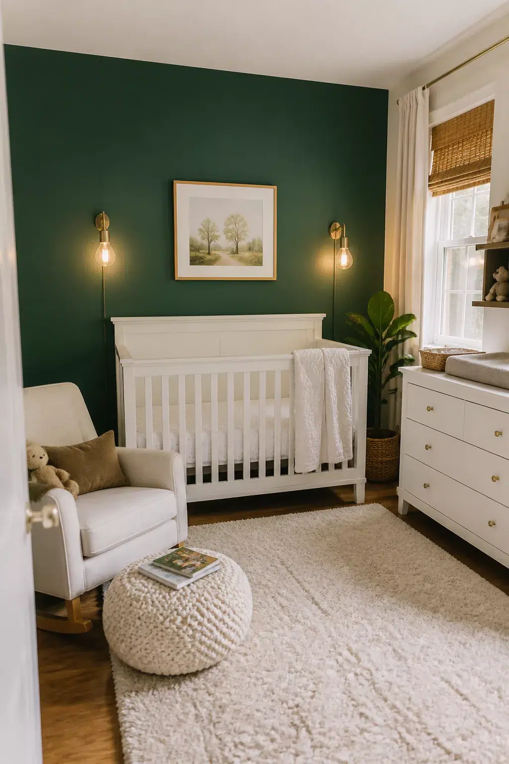 Dark emerald green accent wall nursery with brass sconces, white crib, and rocking chair — green accent walls for nurseries