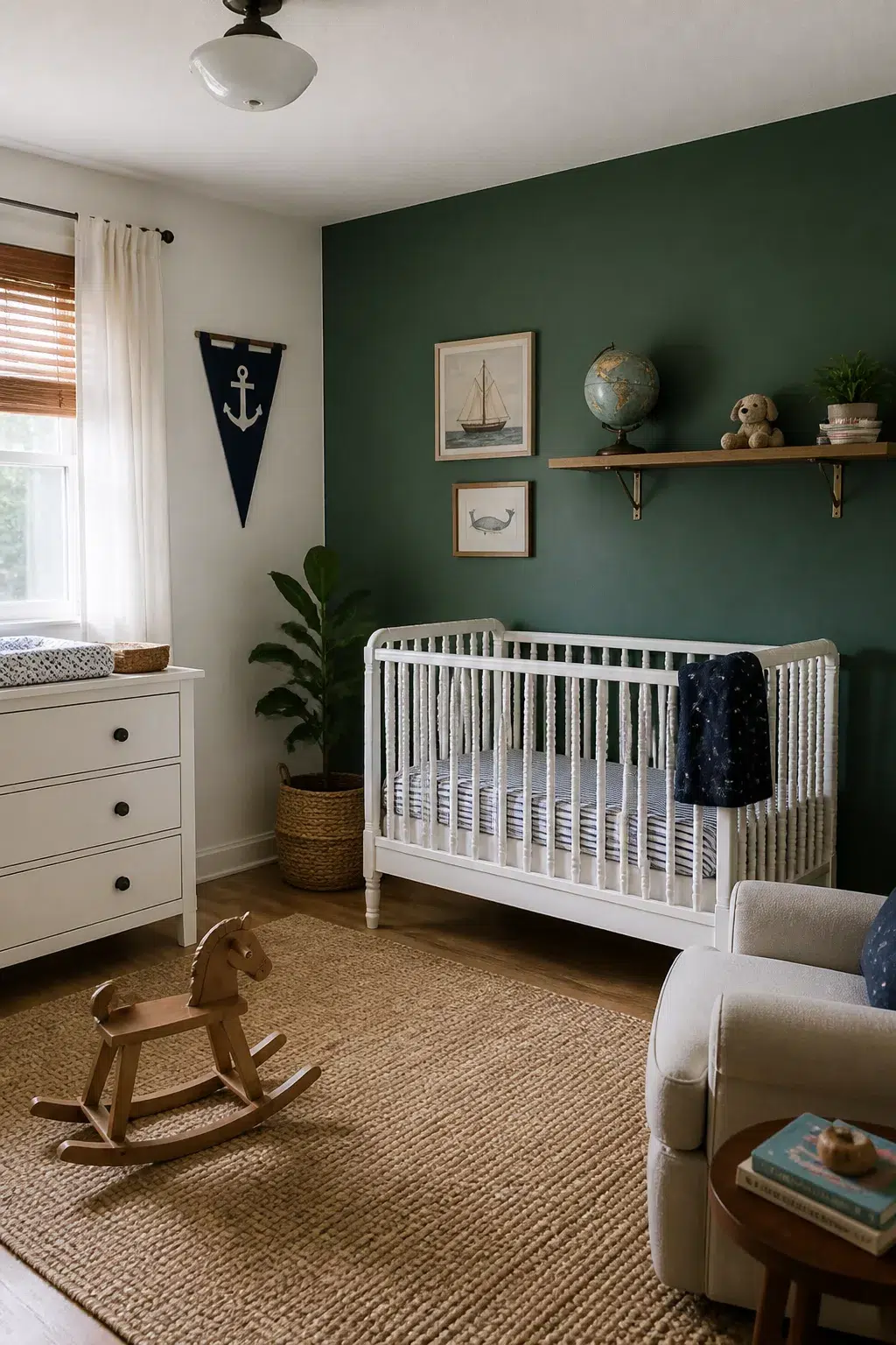 Hunter green accent wall nursery with white spindle crib, navy nautical pennant, and jute rug — green accent walls for nurseries