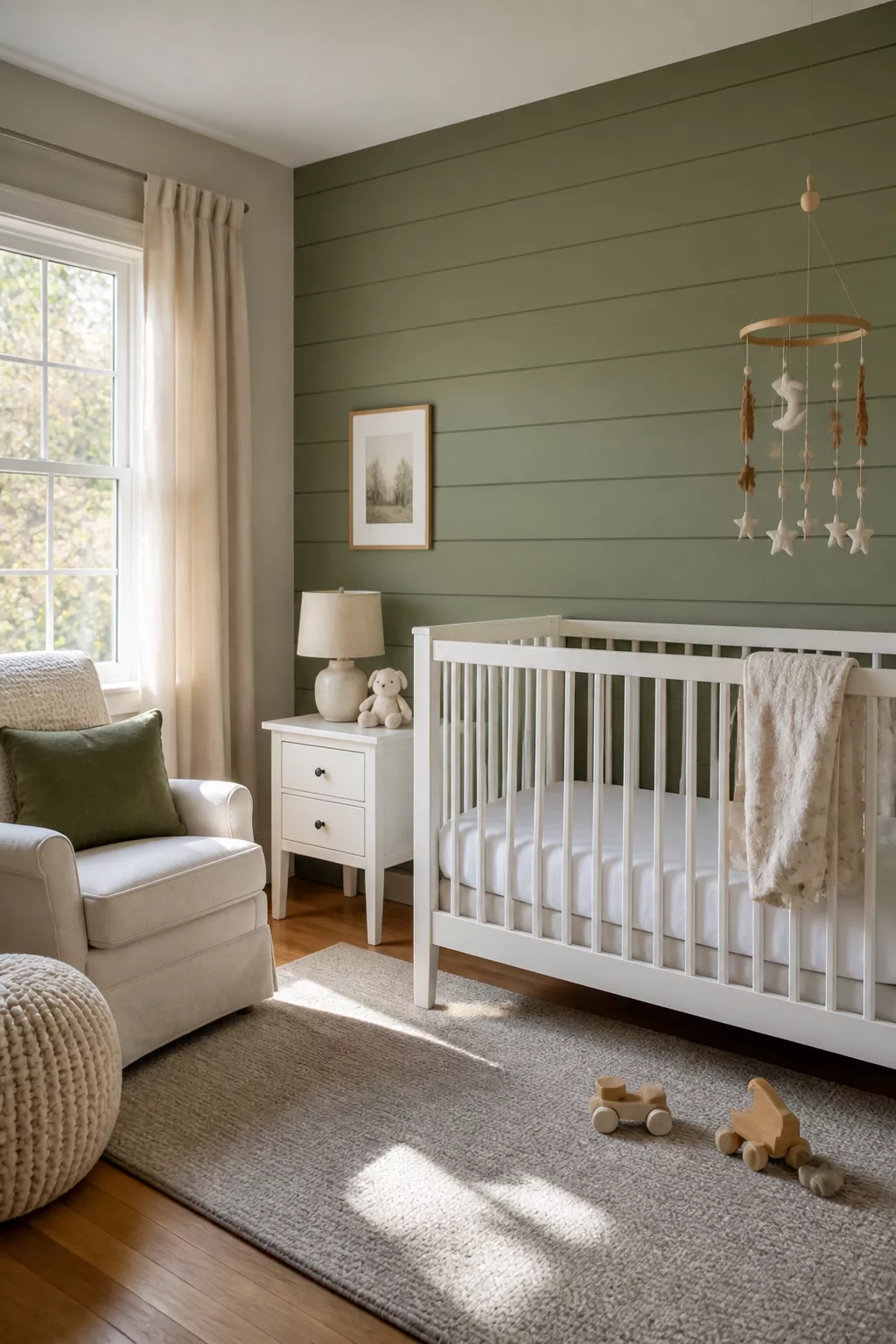 Sage green shiplap accent wall nursery with white crib and cream glider — green accent walls for nurseries
