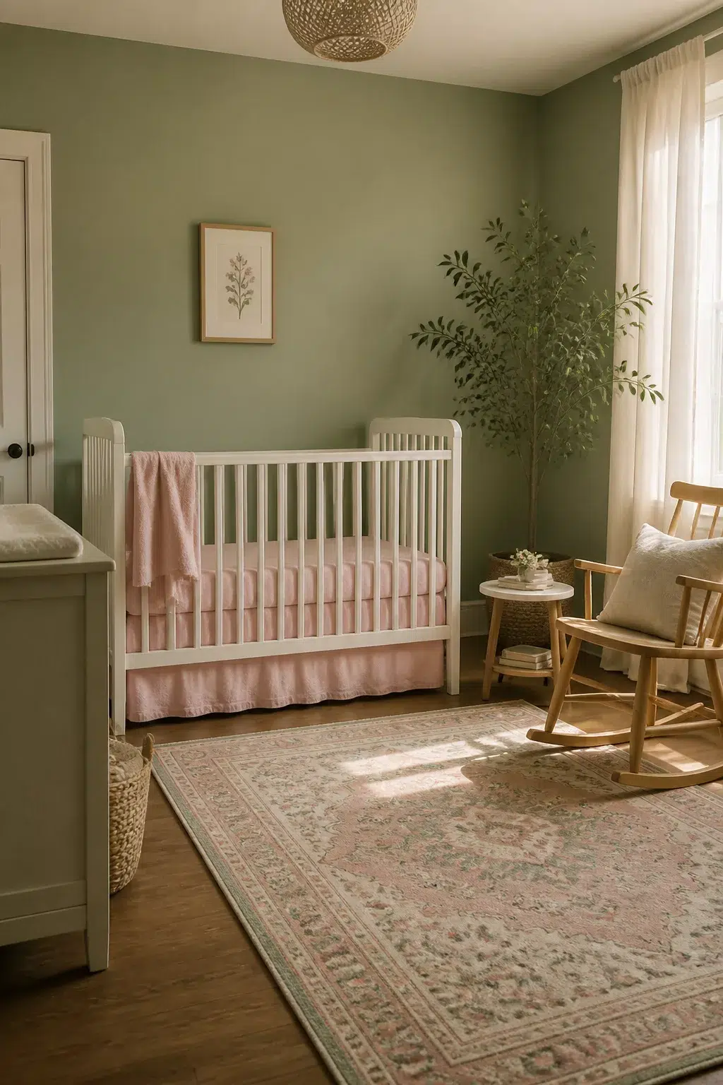 Green and pink nursery design with sage walls, blush crib linens, and a vintage Persian rug on hardwood floors.