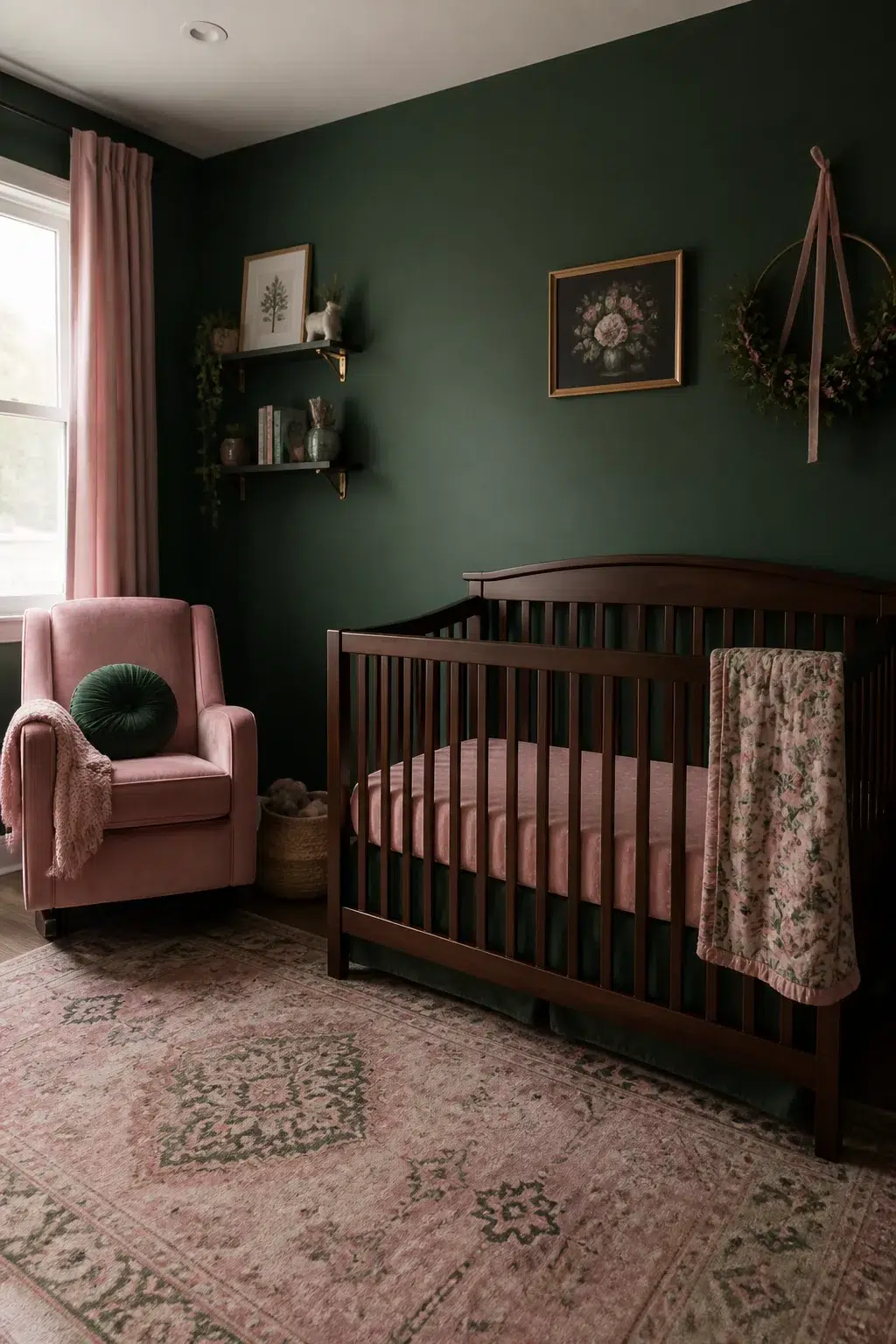 Dark green and pink nursery designs with velvet glider, walnut crib, rose bedding, and moody forest green walls.