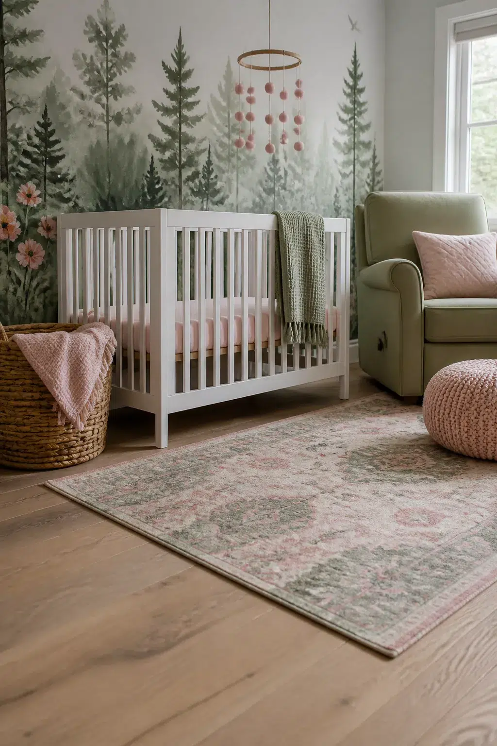 Green and pink nursery design with watercolor forest mural, white crib, pink pom-pom mobile, and sage green glider.