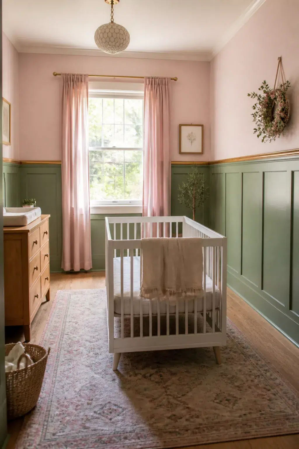 Sage green wainscoting and blush pink upper walls in a soft green and pink nursery design with white crib