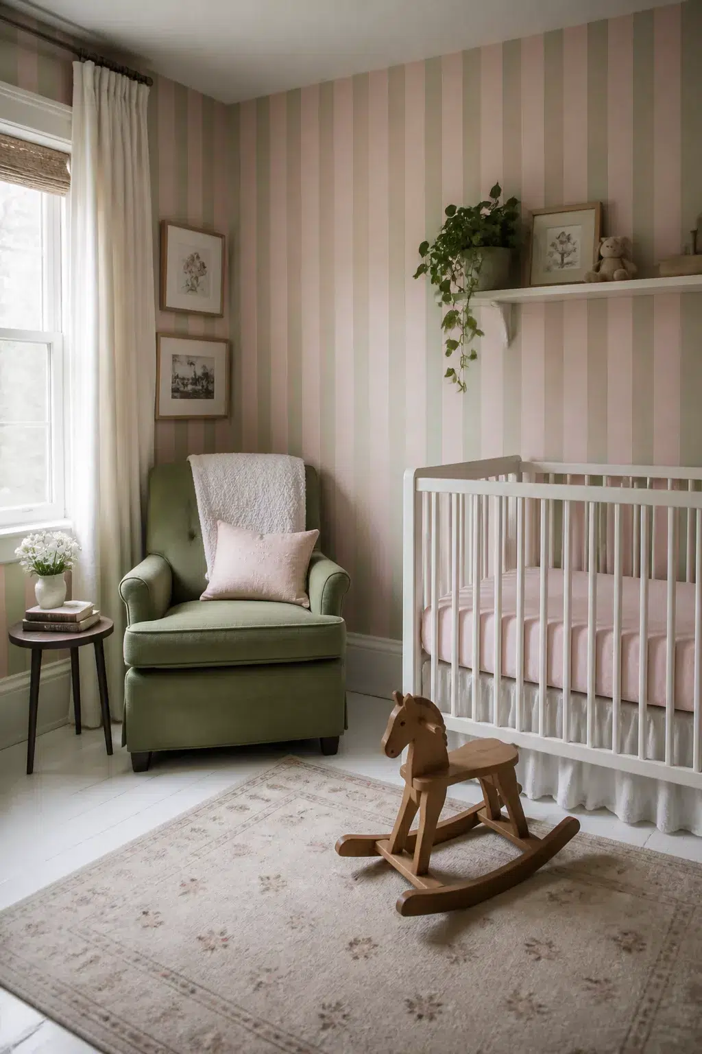 Green and pink nursery design with blush stripe wallpaper, sage velvet glider, white crib, and wooden rocking horse.