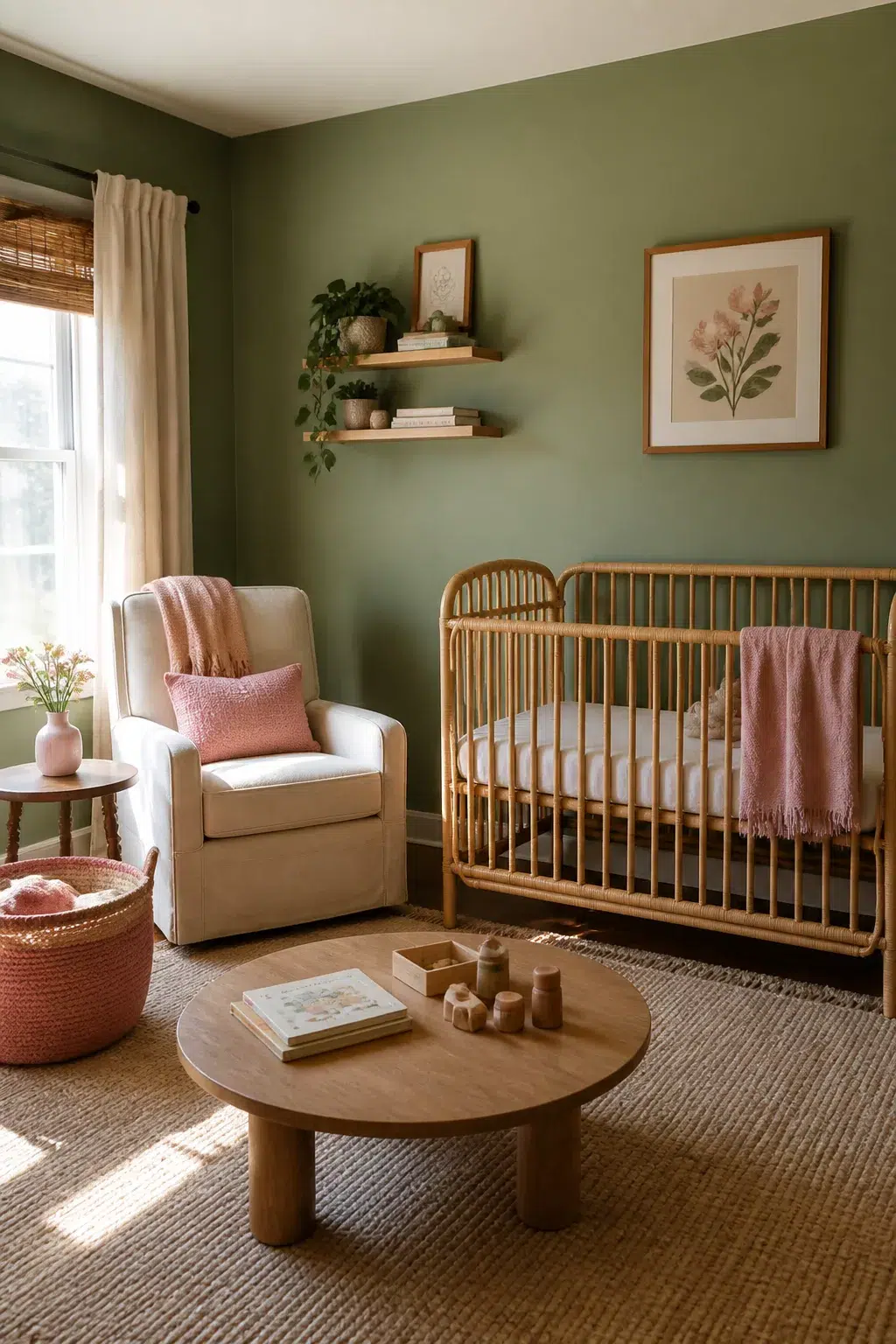 Green and pink nursery design with fern green walls, rattan crib, pink throws, and a round wood coffee table.