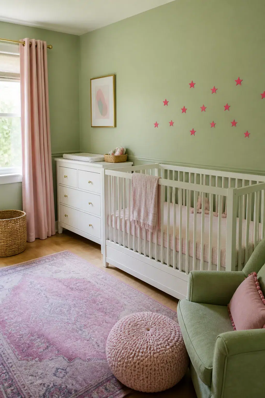 Green and pink nursery design with pistachio walls, hot pink star decals, white crib, and green glider chair.