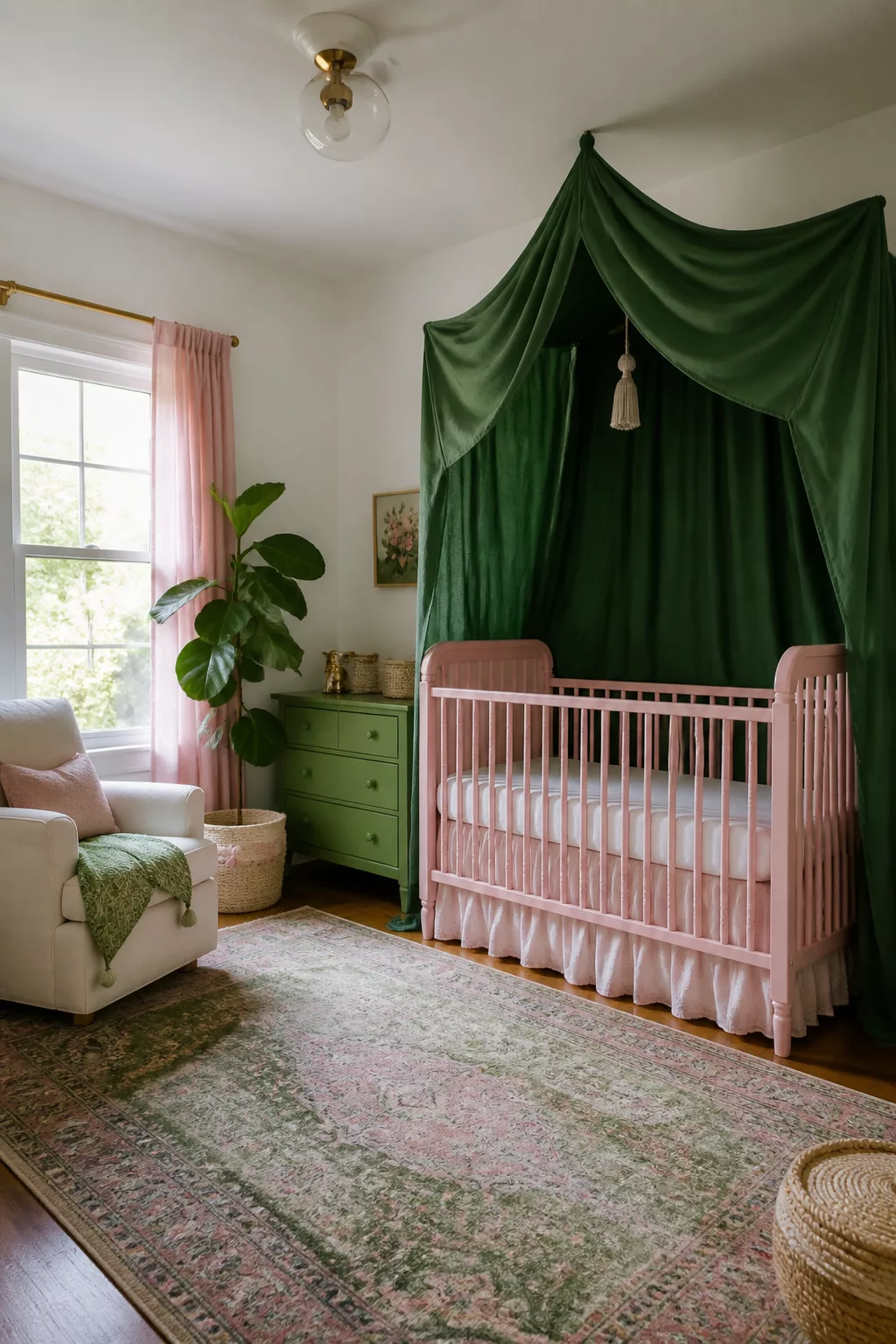 Green and pink nursery design with a dark green fabric canopy over a blush pink crib and green painted dresser.