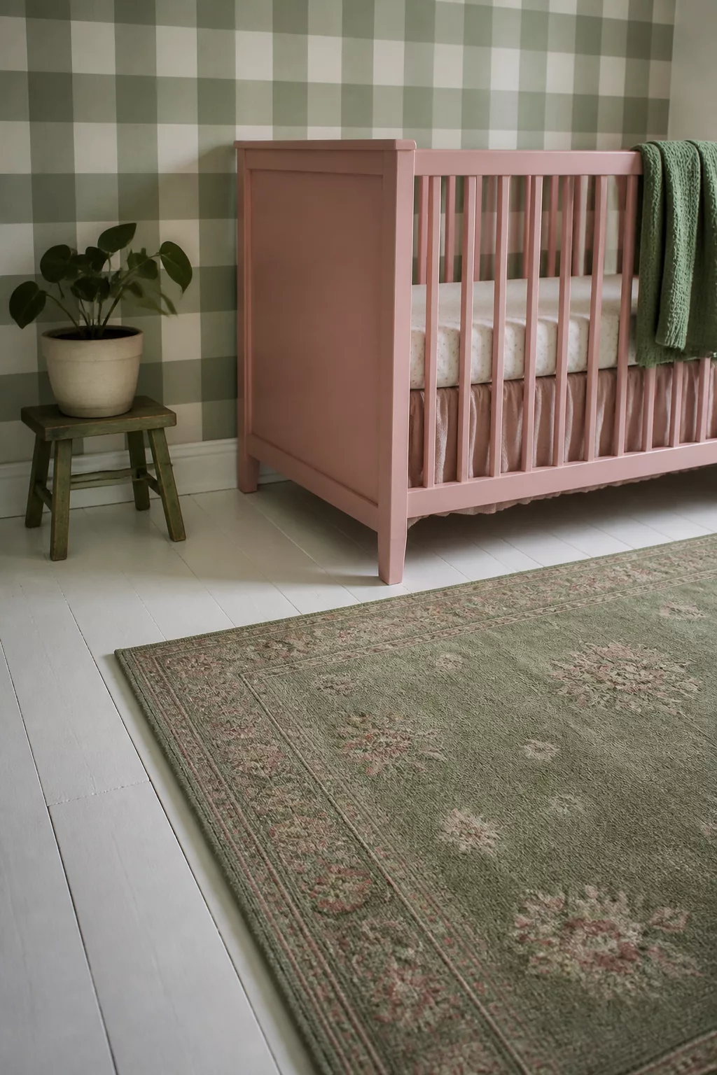 Green and pink nursery design with buffalo check wallpaper, dusty pink crib, and sage floral rug