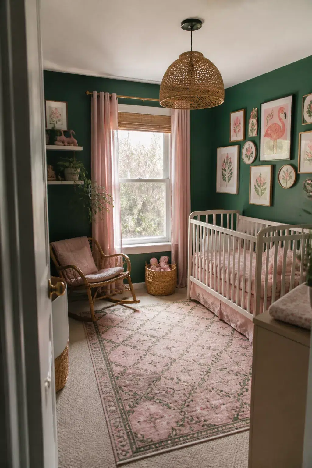 Green and pink nursery design with deep hunter green walls, flamingo gallery prints, white crib, and blush rug.