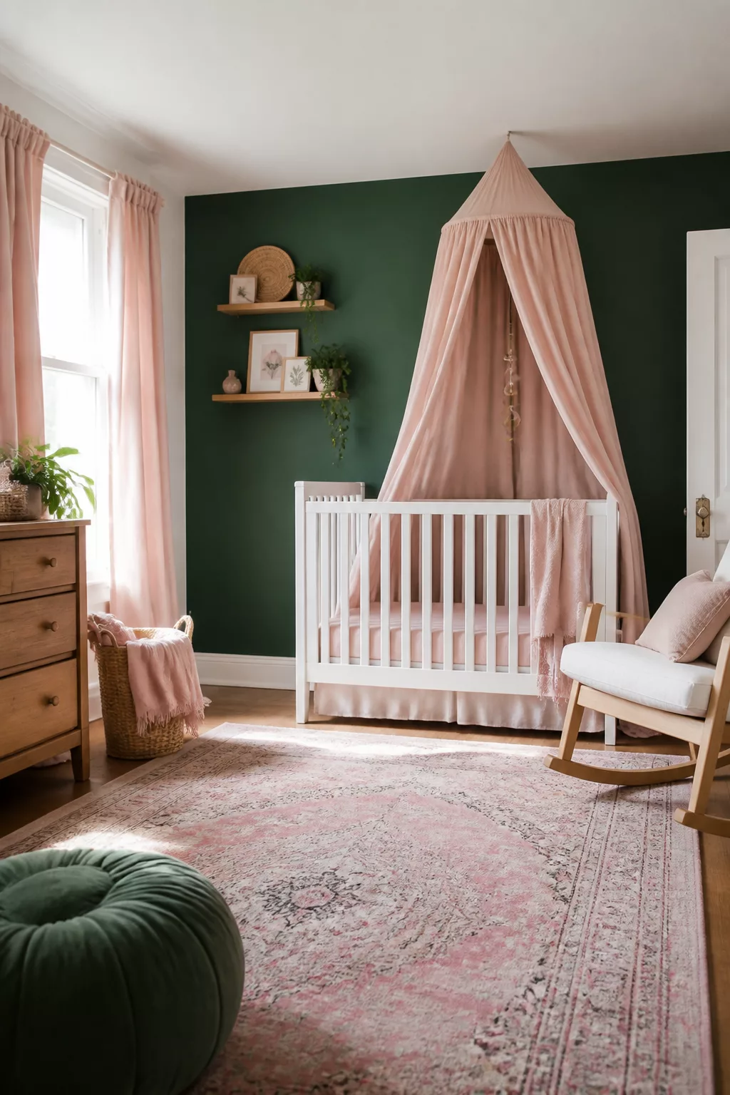 Green and pink nursery design with deep emerald accent wall, white crib, blush canopy, and pink curtains