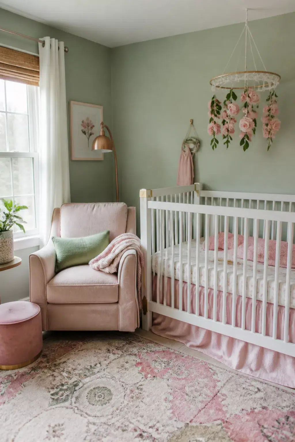 Green and pink nursery design with sage walls, blush glider, floral mobile, and white crib.