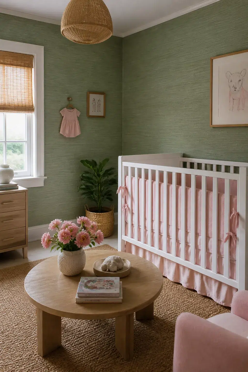 Green grasscloth wallpaper with pink linen crib skirt and warm wood accents in a green and pink nursery design
