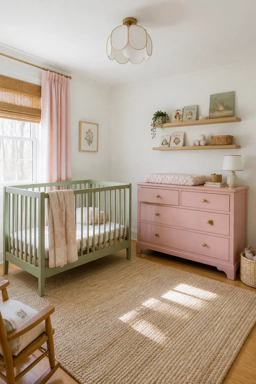 Green and pink nursery with a sage green crib and dusty pink dresser, jute rug, and wood shelving