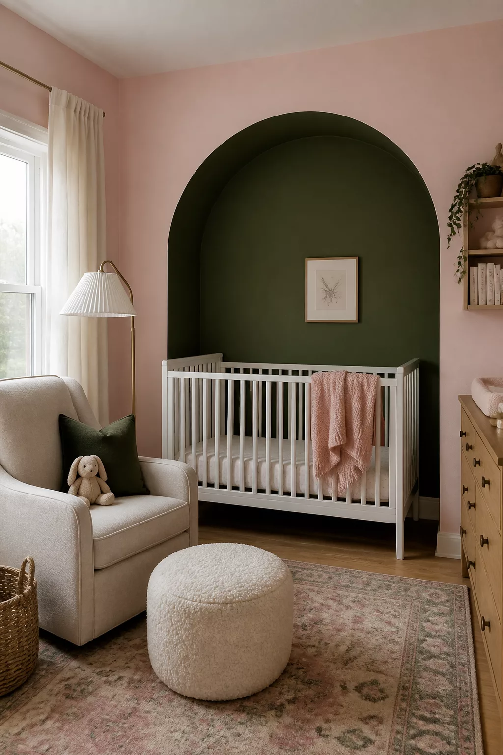 Dark green painted arch alcove behind white crib with pink walls — green and pink nursery design idea