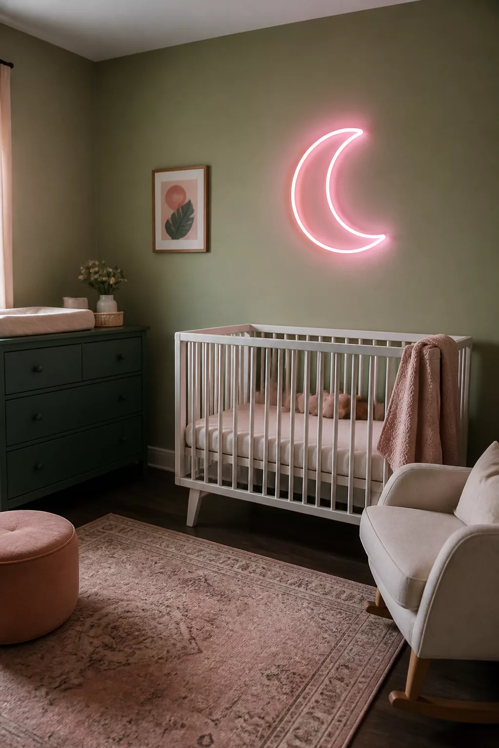 Green and pink nursery design with sage walls, white crib, dark green dresser, and pink neon moon sign above crib.