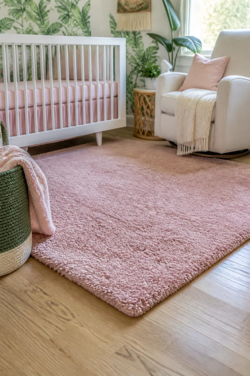 Green palm leaf wallpaper and blush shag rug in a green and pink nursery design with white crib and glider