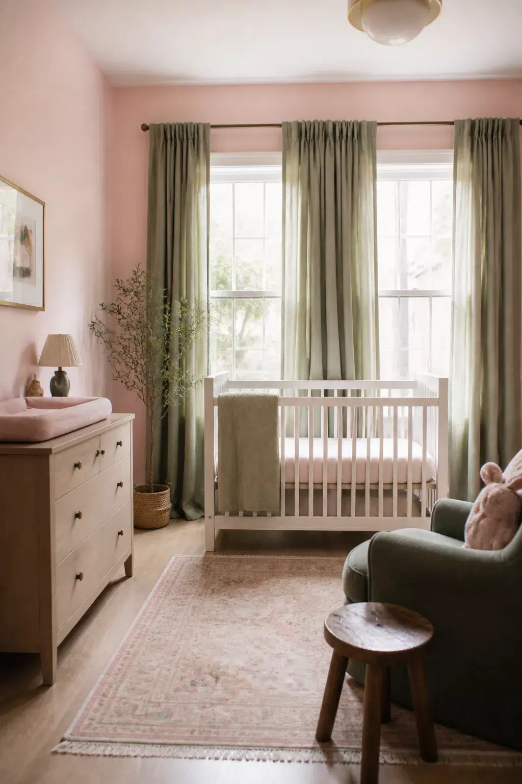 Green and pink nursery design with faded sage linen drapes, pink walls, white crib, and light wood dresser.