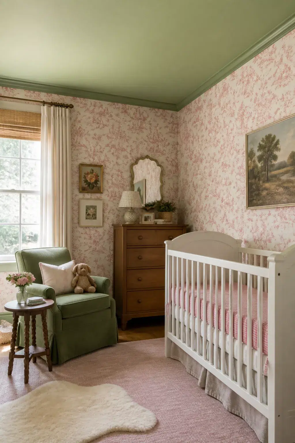 Green and pink nursery with sage painted ceiling, pink toile wallpaper, white crib, and green glider chair.